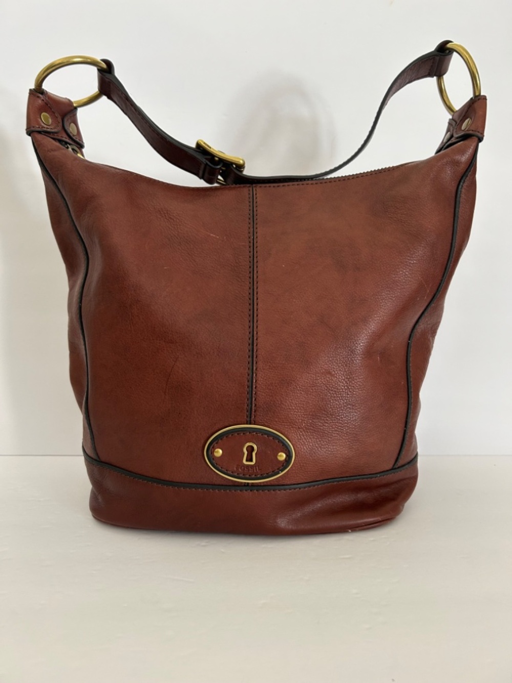 Fossil Maddox Leather Hobo Shoulder Bucket Bag Chocolate Brown - Picture 14 of 15
